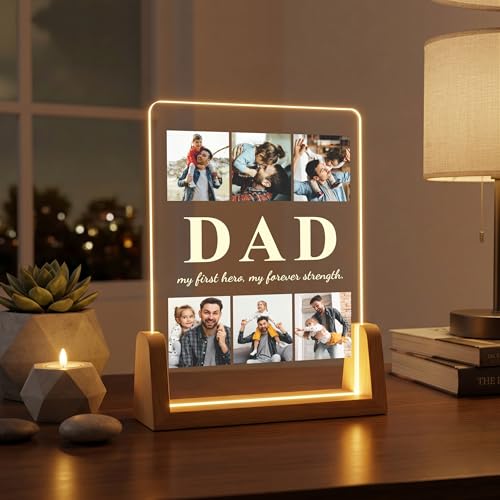 Image of Giftplease Rectangular Acrylic Wood Tabletop Photo Frame for Fathers Day | Custom Picture Layout Warm Led Light Base Desktop Night Decor Standee for Papa Dad Husband Stepdad Grandfather