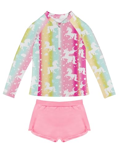 Image of Girls 2 Pieces Rash Guard Swimsuit 1 /4 Zip Long Sleeve Bathing Suit Set Kids Swimwear with Sports Shorts