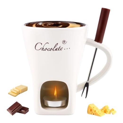 Chocolate Fondue Mug with Fork, Sweet Melting Cup with Tealights for Chocolate Cheese & Desserts Ceramic Fondue Pot Set Ideal Gift for Date Nights Birthdays Anniversary Weddings (White)