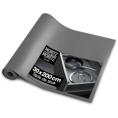 Moritz & Moritz Tapis de tiroir gris de 30 cm de large – Tapis antidérapant pour tiroirs 30 x 200 cm – Comme insert de tiroir de cuisine ou film d'armoire – Avec 10 autocollants tableau noir