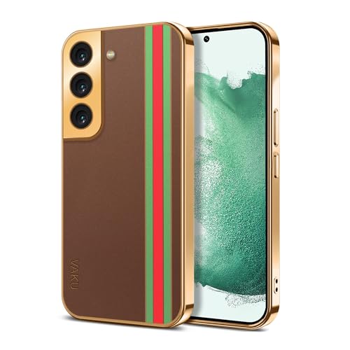 Image of Vaku Luxos Felix Line Back Cover for Samsung Galaxy S22 5G with Leather Pattern Gold Electroplated Soft TPU Cover Shockproof Protective Case - Brown