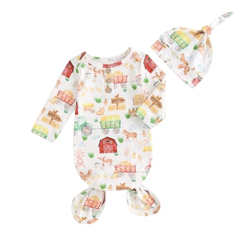BULINGNA Newborn Baby Boy Girl Knotted Gown with Hat Farm Chicken Nightgown with Mittens One Piece Pajamas for Baby