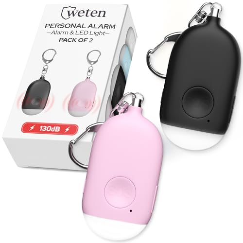 Weten Rechargeable Personal Alarm Keychain - 130dB Siren & LED Light - 2 Pack Personal Safety Alert for Women to Carry - Panic Button Alarm for Security - Rape Whistle for Self Defense (Black&Pink)
