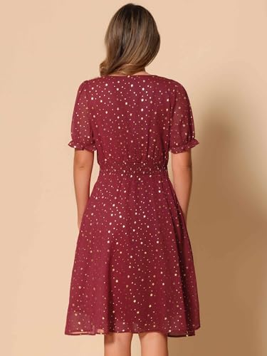 Image of Allegra K Party Midi Dress for Women Ruffle Short Sleeve Elastic Waist A-Line Metallic Star Dresses