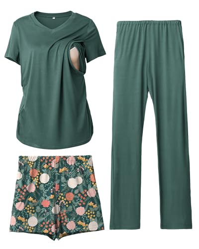 Image of Rnxrbb 3 Piece Women's Maternity Nursing Pajamas Set V Neck Breastfeeding Pjs Sleepwear Postpartum Shorts&Pants Pockets