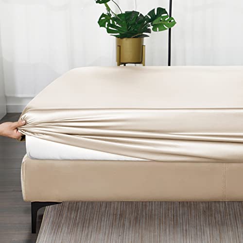 Image of Ersmak Satin Fitted Sheet Only, Luxury Silky King Fitted Sheet Ultra Soft Deep Pocket Bottom Sheet, Wrinkle & Fade Resistant - Beige