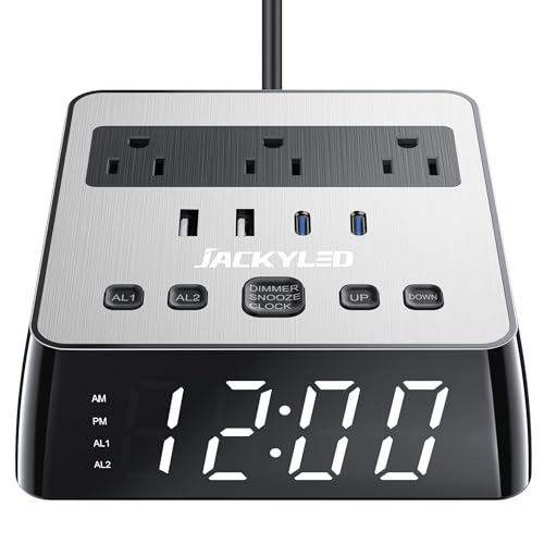 Image of Alarm Clock with USB Charger JACKYLED Power Strip Total 4.8A USB Ports LED Full Screen Surge Protector 6.5ft Cord 4 Dimmer for Heavy Sleepers Compatible with Phone Tablet Computer Black Silver