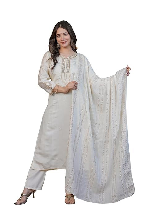 FOXDX Womens Silk Blend Embroidered Straight Kurta Pant Set with Chanderi Dupatta Set (White XL)