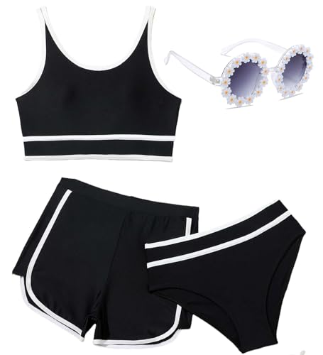 Girls Swimsuits 3 Piece Bathing Suit Bikini Set with Sporty Shorts and Sunglasses Beach Swimwear for Girl 8-15 Years2