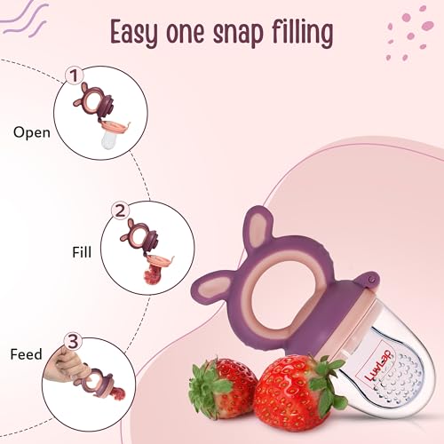 Image of LuvLap Silicone Food /Fruit Nibbler with Extra Mesh, Soft Pacifier /Feeder, Teether for Baby, Infant, Bunny Violet & Pink (Pack of 4)