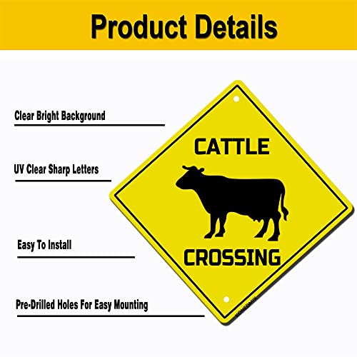 Image of Cattle Crossing Sign Funny Novelty Metal Tin Sign for Bar Club Country Home Coffee Shop Indoor& Outdoor Decor Yellow Street Sign 12X12inch | Fit to Bar Club Country Home Coffee Shop Indoor& Outdoor Use