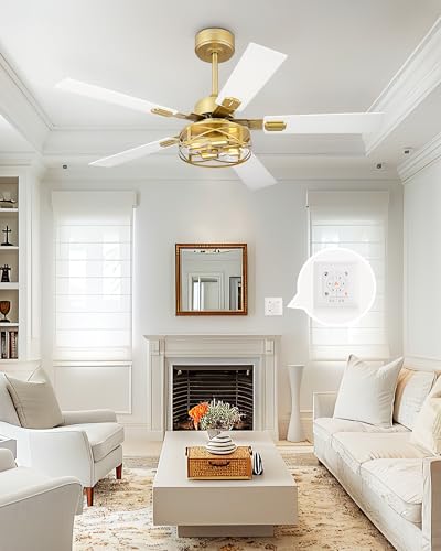 Image of YOUKAIN 48 Inch Ceiling Fans with Lights, Farmhouse Ceiling Fans with Wall Switch and Remote Control, 5-Reversible, Gold Finish, Outdoor Ceiling Fan for Cover Patio, 48-YJ632-GDW-WS