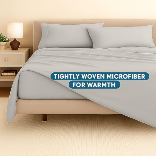 Image of Microfiber Bed Sheet - Hotel Luxury 1800 Series | Ultra-Soft Wrinkle-Free Double Size Bedding - Light Grey Solid, Easy Care Bedsheet with Pillow Covers