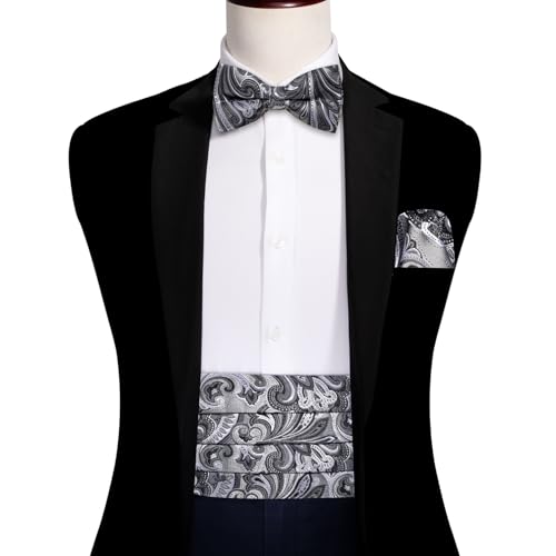 Image of Barry.Wang Men Silk Paisley Cummerbund and Pre-tied Bowtie Handkerchief Cufflink Set for Tuxedo