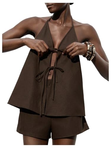 MakeMeChic Women's Linen Two Piece Set Summer Tie Front Halter