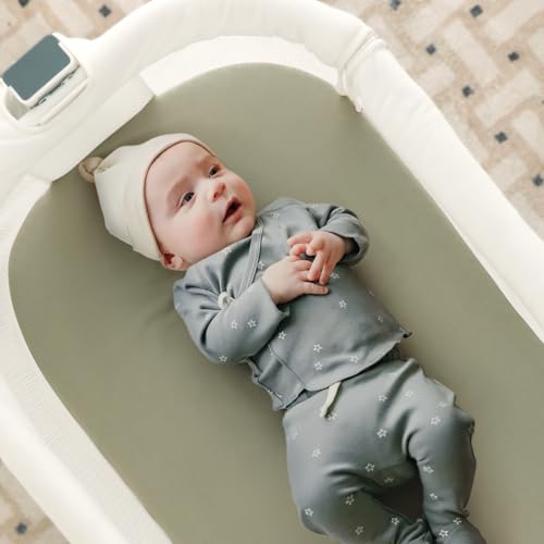 Image of GRSSDER Stretchy Ultra Soft Fitted Bassinet Sheet 2 Pack, Universal Fit for Bassinets Baby Cradle Moses Basket Oval Rectangle Mattress Safe and Snug, Jersey Bassinet Sheets for Girls, White /Sage