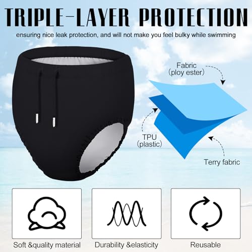 Image of Glitopper 2 Pcs Reusable Adult Swim Diapers Special Needs Cloth Diaper Covers Washable Nappy Trunks Waterproof Leakproof for Postpartum Women Incontinence Protection Unisex(Black,L)