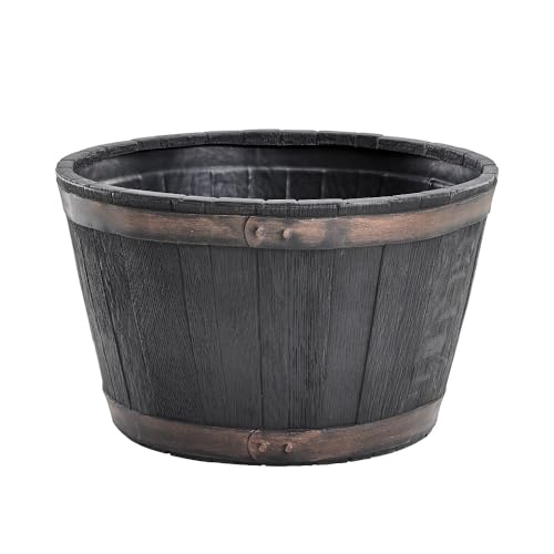Image of Shop4allsorts Small Round Barrel Planter - Oakwood Effect Plastic Half Barrel Plant Pot - Garden Patio Planter - 37cm x 25cm