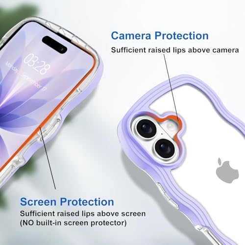 Image of GoldKart iPhone 17 Case Wavy Edge Clear Back Design, Anti-Slip Grip Cute Wave Curly Frame Shape Shockproof Soft TPU & Hard PC Bumper Protective Phone Case Cover for Women Girls - Purple