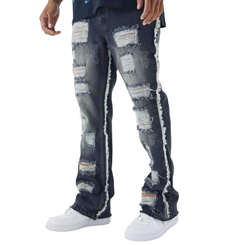 Hulpvktsgiq Mens Stacked Jeans Slim Fit Ripped Jeans Destroyed Slim Fit Straight Denim Pants Hip Hop Trouser Streetwear