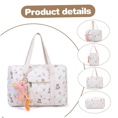 Puffer Duffle Bag for Women, Large Capacity Quilted Duffle Bag with Cute Charm, Cute Floral Coquette with Zipper Carry on for Girls Travel Puffer for Women2