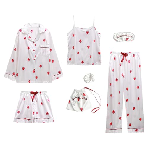 ANUFER Womens 7PCS Satin Pajama Set Spring Summer Autumn Tops & Pants Shorts Sleepwear