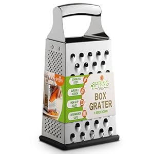 Spring Chef Professional Large Parmesan Cheese Grater, Stainless Steel Metal Box Grater with Handle, 4 Sided Handheld Kitchen Food Shredder for Cheese, Carrot, Veggie, Ginger, Potato – Dishwasher Safe