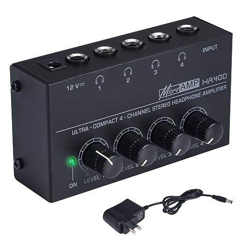 Amplificadores Y Pedales, Wireless DWOK Amplificador de Auriculares Estéreo de 4 Canales, Amplificador de Auriculares Compacto con Adaptador de Corriente de 12 V, Adecuado para Grabación...