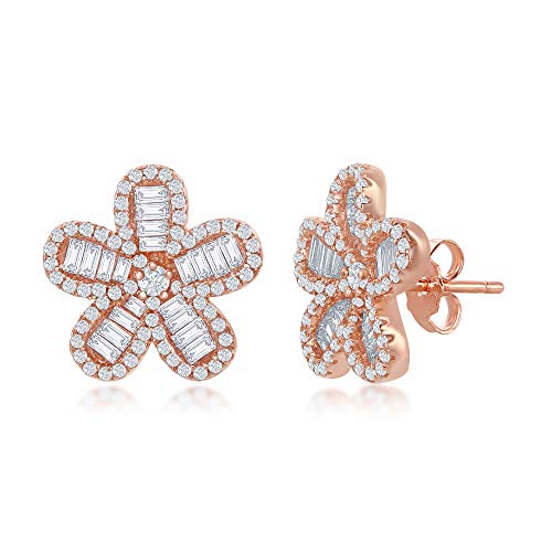 Sterling Silver or Rose Gold Plated Baguette Cubic Zirconia Flower Stud Earrings