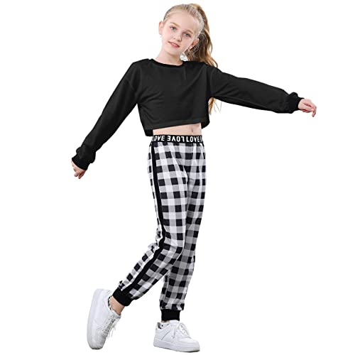 Image of Betusline Girls 2 Piece Outfits Girls Cropped Sweatsuit Pants Outfit Clothes Set, 4T-14 Years