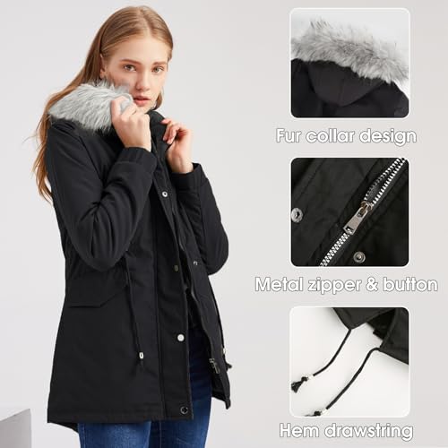 Tuopuda Winterparka Damen Lang Warm Winter mit Teddyfell Gefüttert Damen-Mäntel Wasserdicht Skijacke Fellkapuze Übergangsmantel Winddichter Oberbekleidung Geschenk für Frauen, Schwarz, L