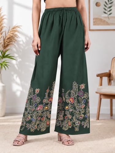 Image of Women's Rayon Bird Flower Print Loose fit Palazzos Pants Free Size 28 to 40
