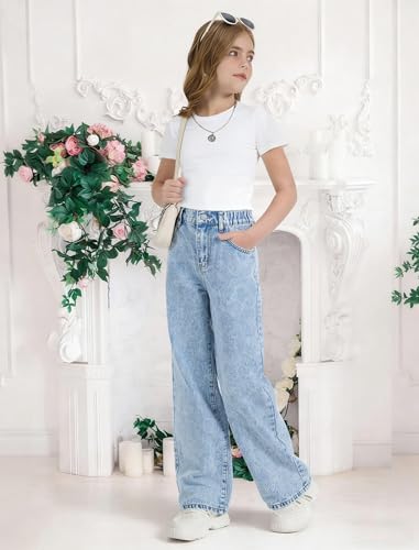 Image of Jeans for Girls Baggy Wide Leg Cute Bow High Elastic Waisted Denim Pants Y2K Boyfriend Skater Streetwear 7-14Y