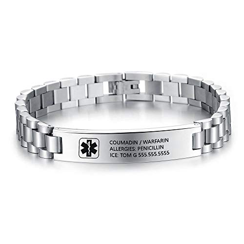 Personnalisé Médical Alerte Bracelet pour Pour des hommes Femmes Inoxydable Acier Bracelet SOS Médical Identifiant sport Officiel Identifiant argent Noir Bande Gravé Texte Couple Cadeau pour Lui et Sa Cover