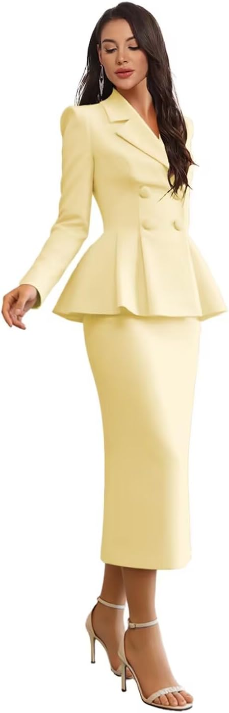 Double Breasted Skirt Suit 2 Piece Slit Business Dress Satin Long Sleeve V Neck Work Outfit CM9