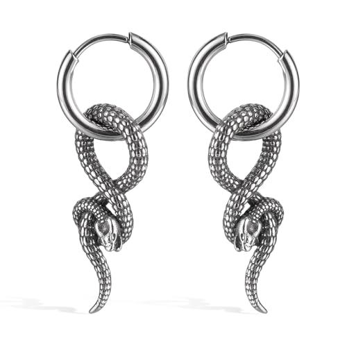 NewHuajiava Snake Earrings for Women Dark Style Serpentine Hoop Dangle Earrings Trendy Unique Cool Personality Punk Stainless Steel Silver Jewelry Hypoallergenic for Men Sensitive Ears