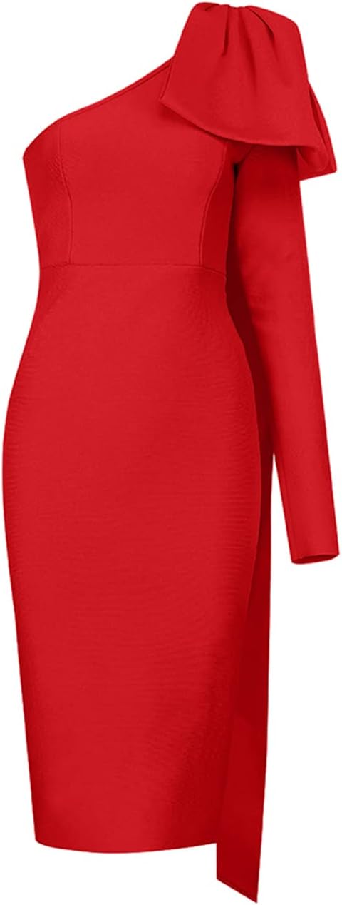 UONBOX Women's One Shoulder Bowknot Long Sleeve Bodycon Knee Length Club Party Bandage Dress - Image 5