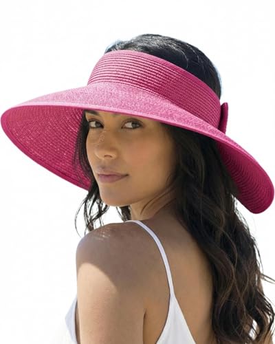 AlturaGo Sun Visor Hat for Women Wide Brim Ponytail Straw Hat UV UPF Summer Beach Vacation Packable Foldable Travel (US, Alpha (Alpha), One Size, Rose Red)