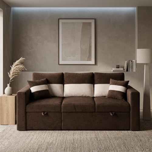 Image of FURNY Soria 4 Seater LHS Lounger Sofa Cum Bed (Dark Brown - Cream) with Pull-Out Function | Luxury Velvet Suede Finish | Durable Comfort | Ideal for Living Room
