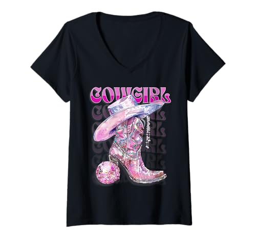 Womens Pink Cowgirl Boots Disco Western Country Cow Girl Coastal V-Neck T-Shirt