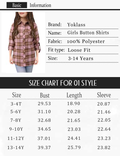 Girls Plaid Button Down Shirts Kids Rolled Up Long Sleeve Casual Collared Blouses Western Shirts For Girls Camisas Para Niños Pink Size 9-10 #TOP5