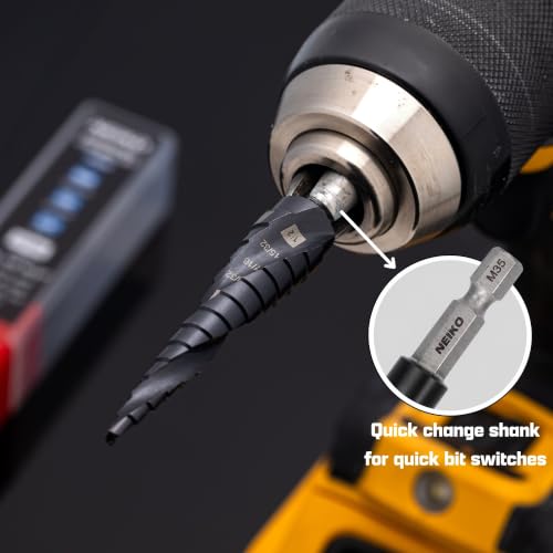 Image of NEIKO 10174B Step Drill Bit, 10 Steps 1 /4 inch to 1-3 /8 inch Spiral M35 Cobalt, AlTiSiN Coated, 1 /4 inch Quick Change Step Bits for Steel, Metal, Wood, Plastic, Unibit Cone Drill Bits, Two Flute