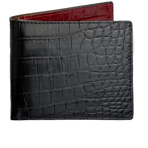 Image of HATA Black Red Bifold Leather Wallet for Men, Exotic Double-Sided Leather Wallet with RFID Blocking, Slim Credit Card Holder, Handmade Gift for Birthday, Anniversary, Father's Day VILE-112