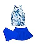 blibean Teen Girls Swimsuits Big Kids 3 Piece Tankini Sets Girl Fashion Boho Hawaii Floral Swim Bathing Suits Summer Beach Skirt Swimwear Sets Traje Baño Niñas Size 12-13 Year Old Dark Blue