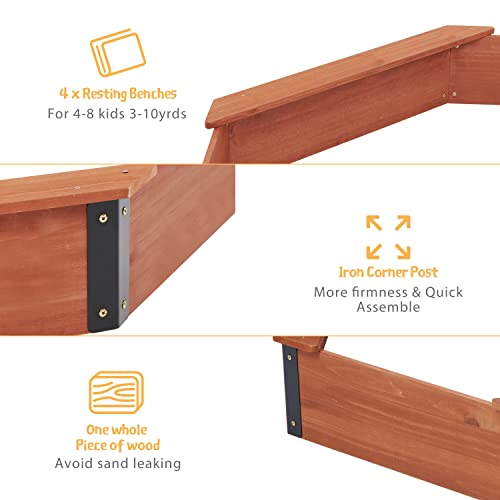 85''X78''X9'' Octagon Sandbox With Cover For Kids Outdoor Play, Wood Large Sandpit With 4 Benches, Quick Easy Install #TOP2