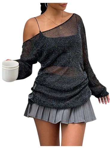 Milumia Women's Long Sleeve Sparkly Sheer Mesh Top Off Shoulder See Through Top Clubbing Rave Concert