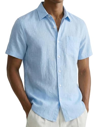 Chemise lin bleu ciel homme XXL anti-transpiration manches courtes droite