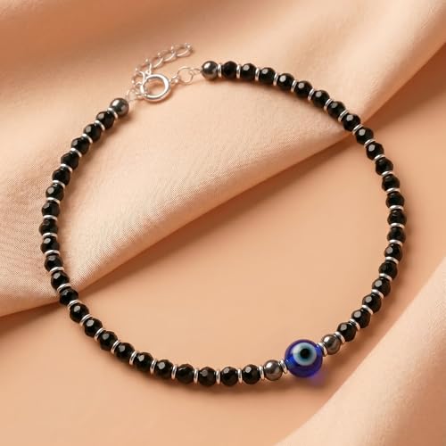 Image of Nazariya Anklet, Single | Pure 925 Sterling Silver Evil Eye Anklet with Black Crystal & Silver Beads for Women & Girls | Comfortable & Adjustable for Every Day Wear