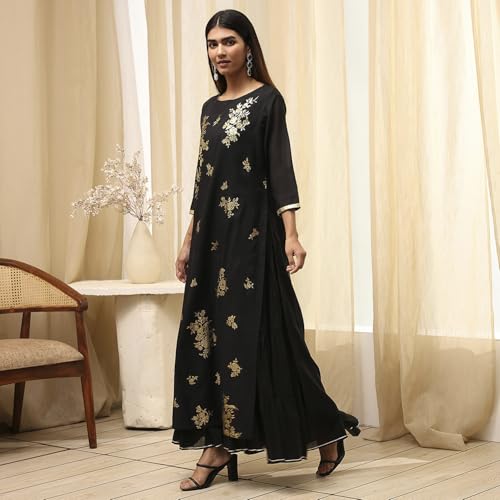 Image of Biba Women's Poly Chanderi 3 /4 Sleeves Calf Length Round Neck A-Line Casual Dress