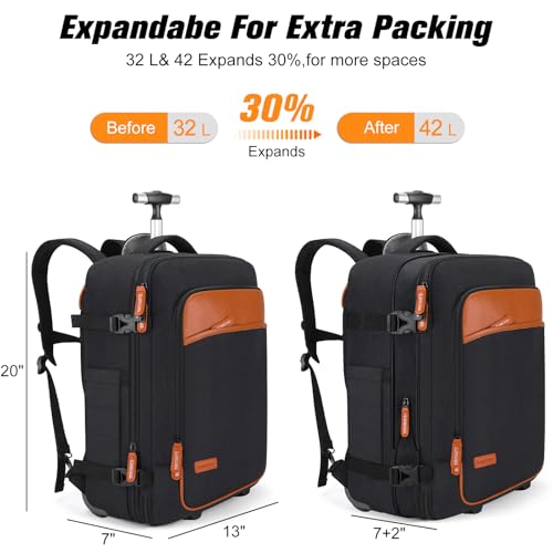 Lumesner rolling backpack, 17-inch water-resistant wheeled laptop backpack, carry-on luggage for business trips, overnight stays, or college use, a trolley suitcase for men and women，Black3